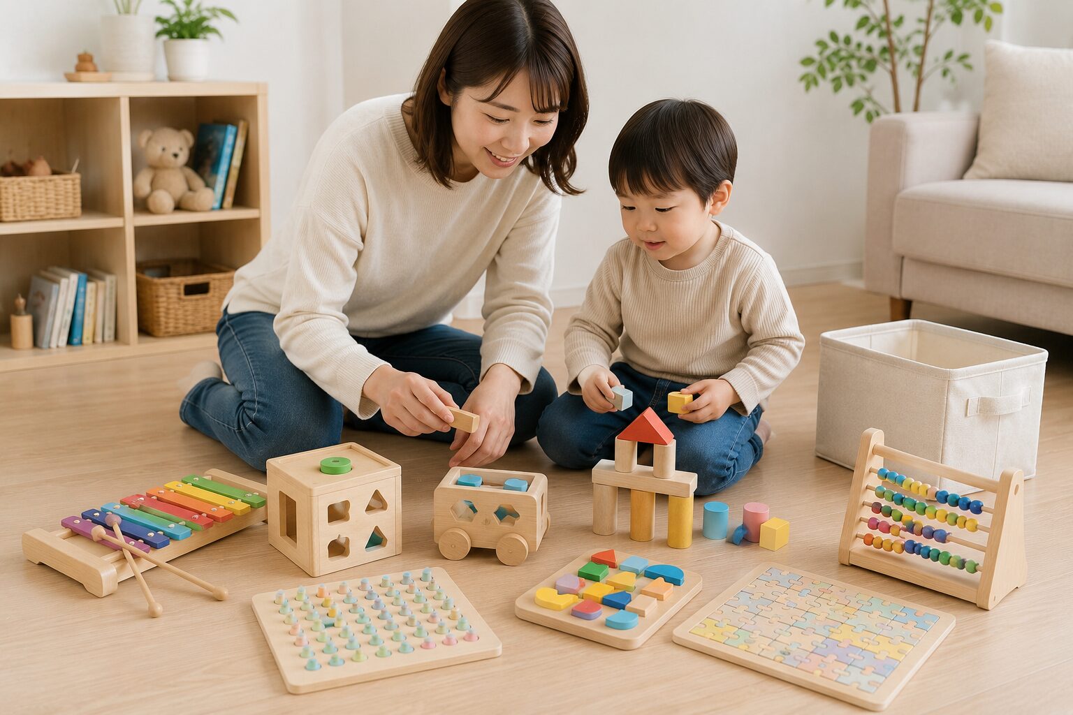 明るいリビングの床に、木製のおもちゃや積み木、パズルがきれいに並んでいる。横に小さな収納ボックスがあり、親子が落ち着いた雰囲気でおもちゃを選んでいる。